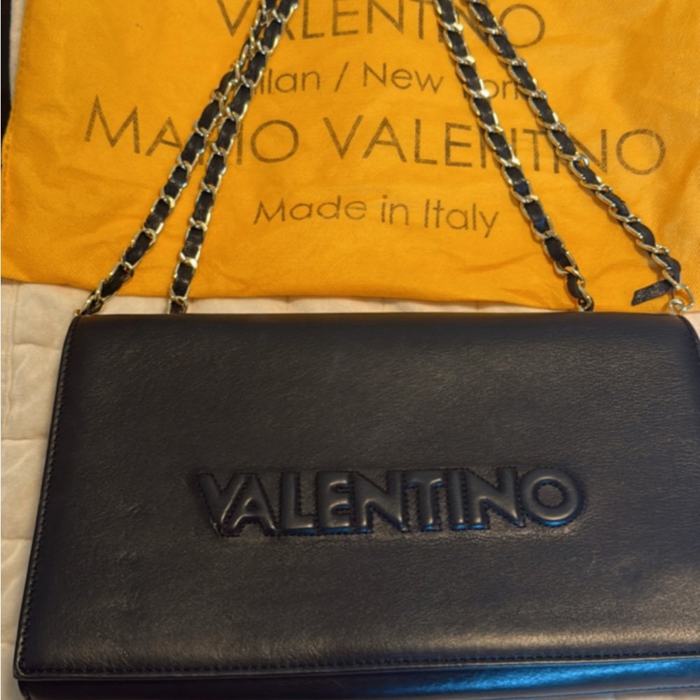 Valentino Black Leather Logo Chain Shoulder Bag